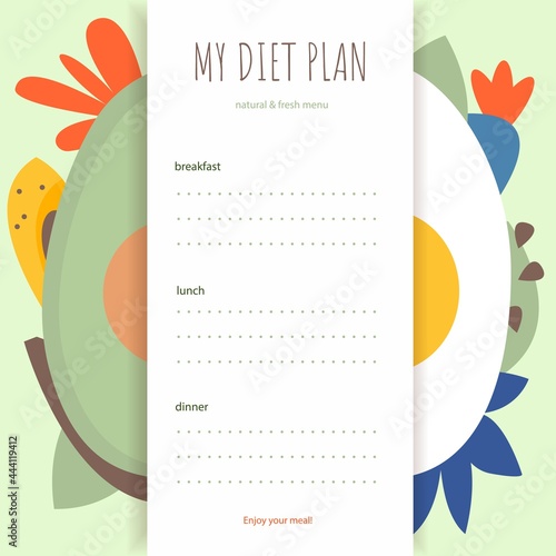 Paleo diet menu. Card templates with hand drawn colored paleo diet foods. Healthy food and dieting concept