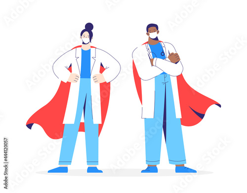 Characters man and woman doctors heroes in white coat, mask and red cloak stands on the protection against viruses.