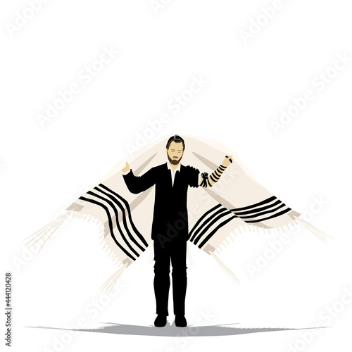 A bearded young ultra-Orthodox Jewish man wraps himself in a tallit. On his hands and on his head are tefillin - a Jewish sacred object.
Vector drawing, isolated figure on a white background.