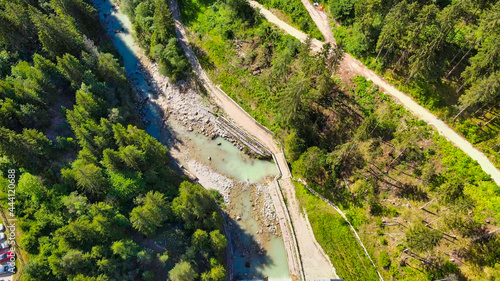 Overhead aerial view of road in the forest