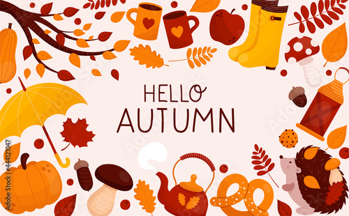 Hello autumn banner with different decorative autumn elements. Hand drawn vector illustration with lettering. Cute design in flat style for web banner, flyer, poster, print.