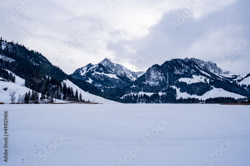 Frozen lake with mountain views - Plaffeien, Switzerland © alsas