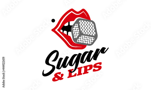 Women's cute and attractive lips with a sugar cube. Fashion logo