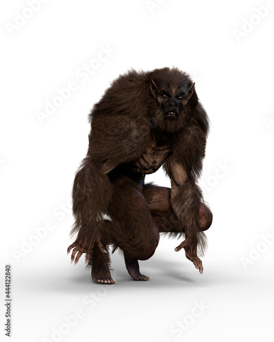3D illustration of a werewolf in crouching pose isolated on white.