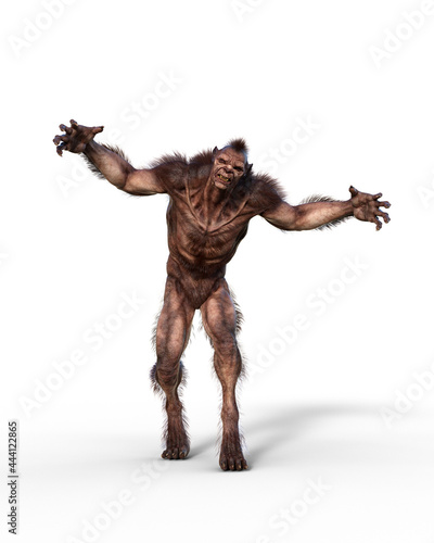 3D illustration of a werewolf walking towards the camera in attacking pose isolated on white.