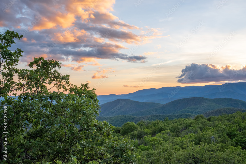 Sunset in the southern French Cevennes. Hilly landscape, panorama