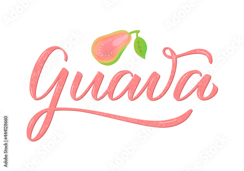 Vector illustration of guava lettering for product design, banner, poster, package, advertisement, clothes. Isolated handwritten calligraphic word for web design or print
