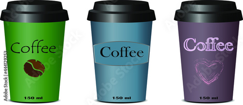 Paper cups for coffee with lid vector. Coffee cups design. Coffee to go. Vector illustration
