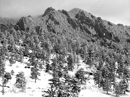  black and white  snowy winter view of the spectacular flatirons  from  NCAR mesa, above Boulder, Colorado photo