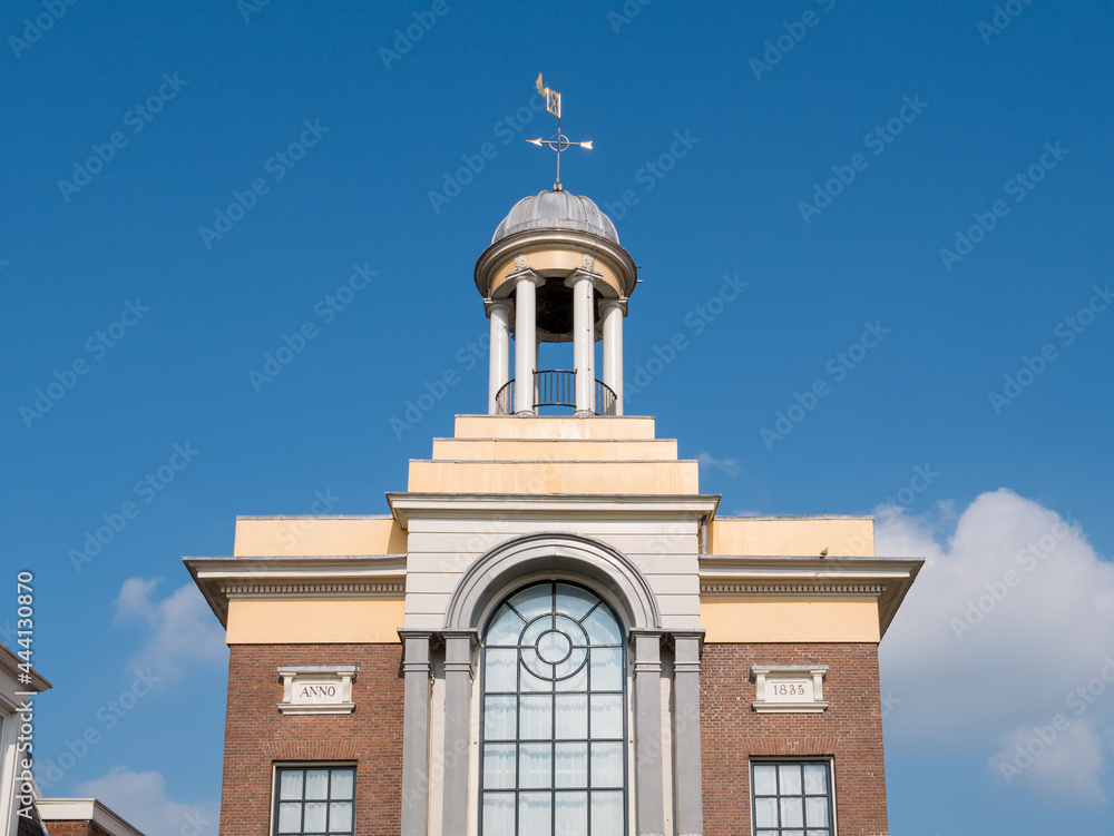 Top front facade of Baptist Church in village of Akkrum, Friesland, Netherlands