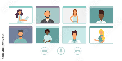 Online Virtual Meetings. Work from Home WFH During Coronavirus COVID-19 Pandemic Outbreak. Teleconference TV. Video Conference Webinars or Remote Working. Vector.