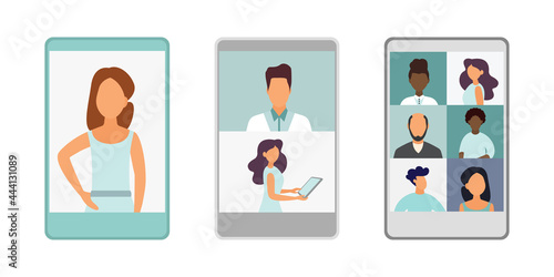 Online Virtual Meetings. Work from Home WFH During Coronavirus COVID-19 Pandemic Outbreak. Teleconference TV. Video Conference Webinars or Remote Working. Vector.