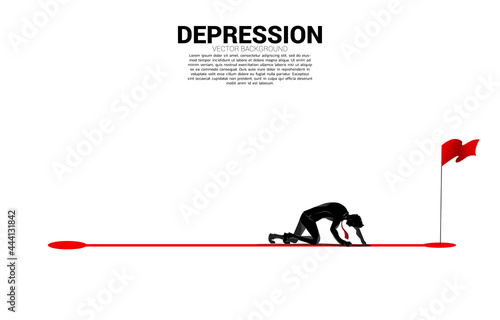 silhouette of businessman crawling to red flag at goal. Concept for depression business and obstacle.