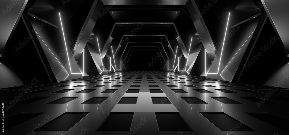 Obraz premium A dark tunnel lit by white neon lights. Reflections on the floor and walls. 3d rendering image.