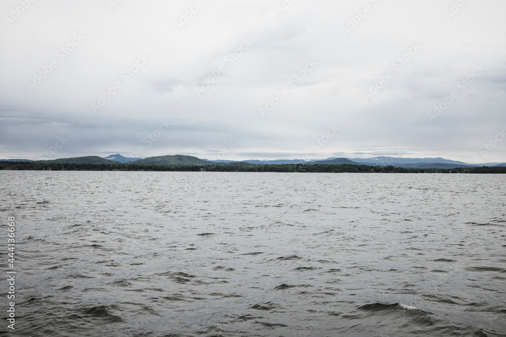 the Mountains of Vermont viewed from Lake Champlain on a stormy morning