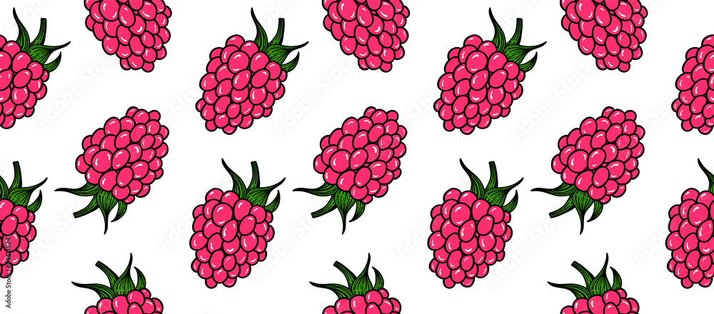 Fresh raspberry in cartoon style. Seamless pattern with pink berry. Fresh raspberry in cartoon style. Seamless pattern with pink berry.