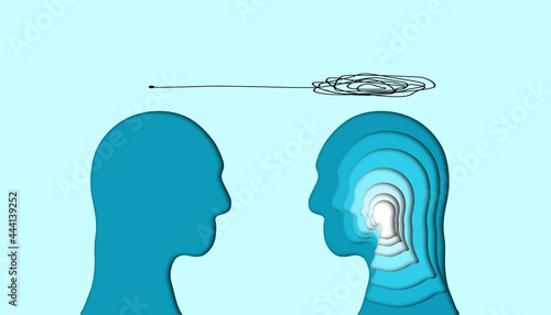 two Human Head face To face; Psychologist and Multi layer head of a patient. psychotherapy and psychology consulting concept 