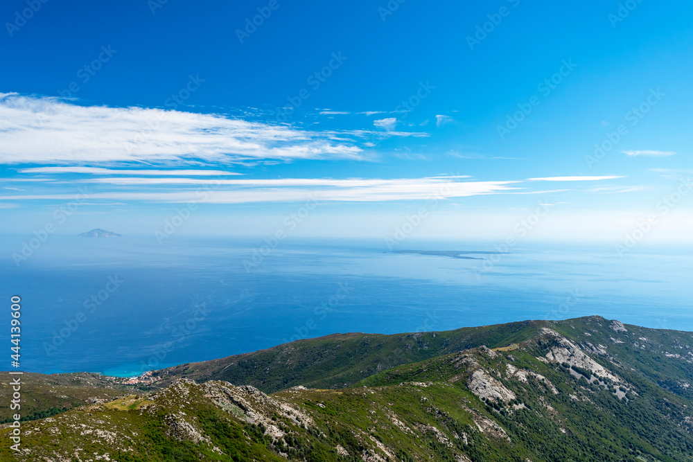 View of Montecristo and Pianosa from Monte Capanne, Elba Island.