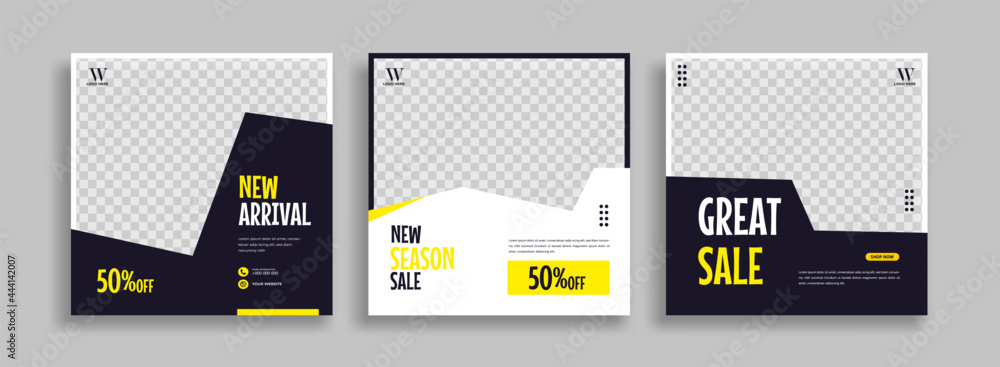 Set of Editable minimal square banner template. Blue yellow white background color with geometric shapes for social media post, story and web internet ads. Vector illustration	