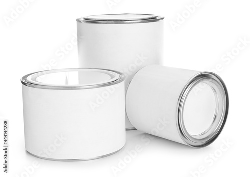 Closed blank cans of paint isolated on white