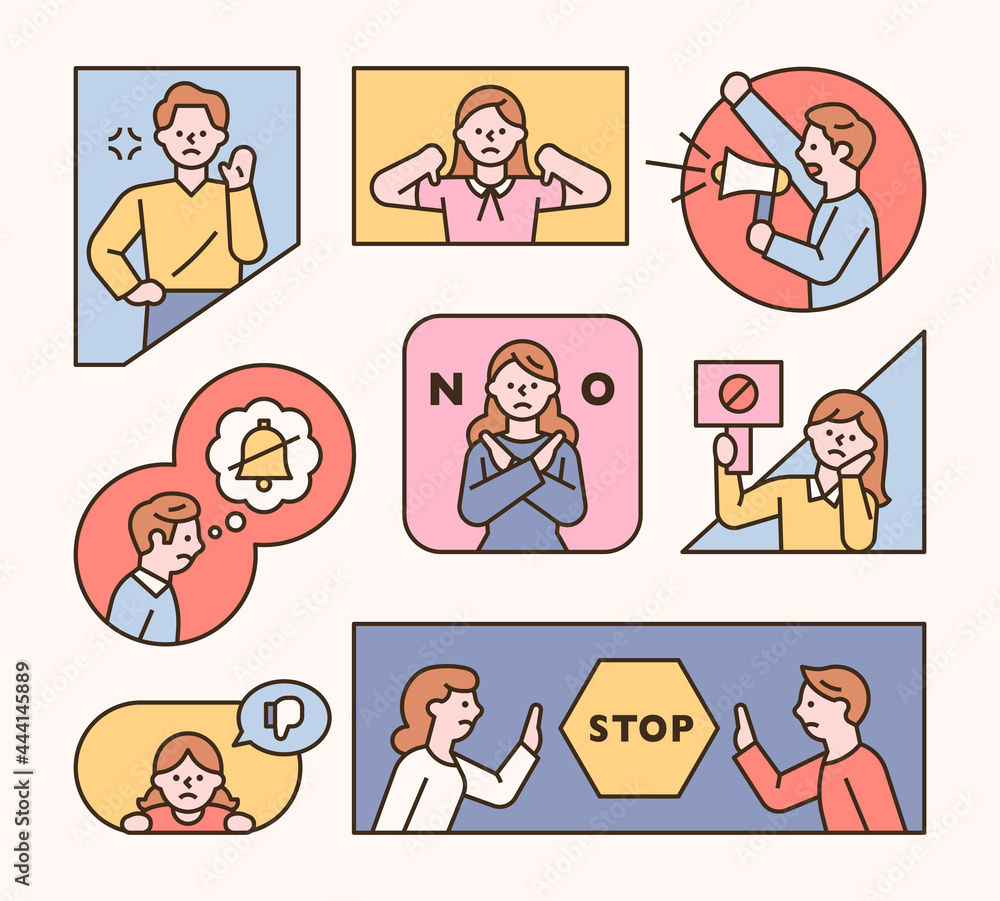 People making warning gestures in frames of various shapes. flat design style minimal vector illustration. People making warning gestures in frames of various shapes. flat design style minimal vector illustration.