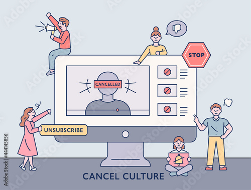 People are warning of online social issues that are creating malicious rumors Characters making various gestures around a large monitor. flat design style minimal vector illustration.