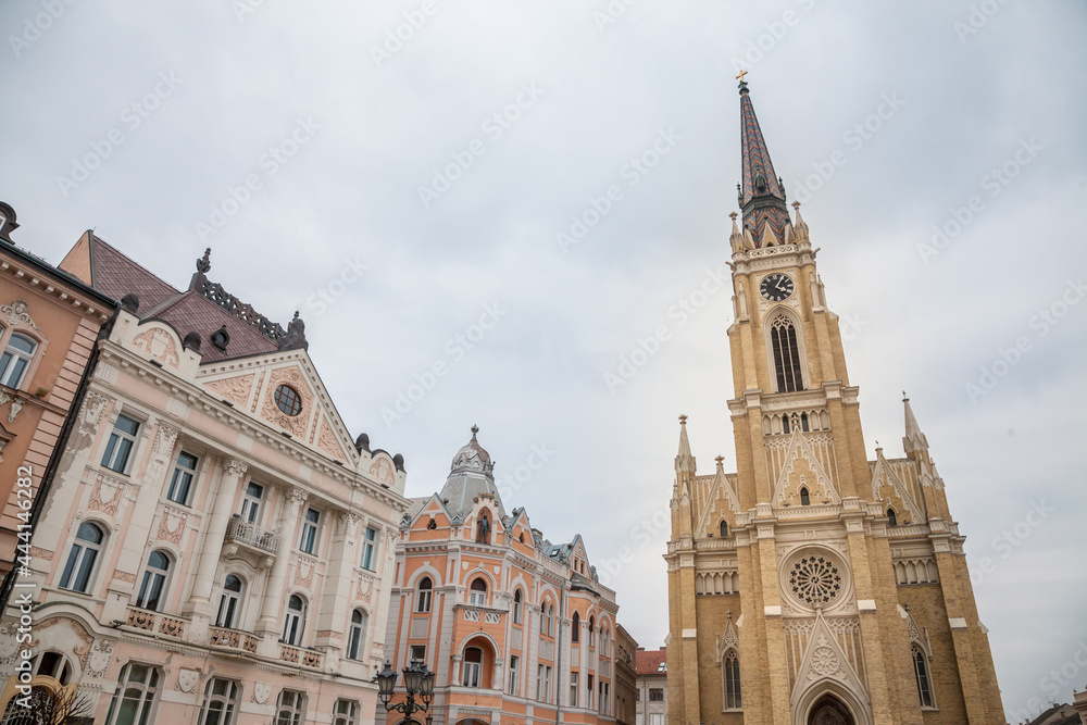 The Name of Mary Church, also known as Novi Sad catholic cathedral or crkva imena marijinog during a rainy grey afternoon. This cathedral is one of the most important landmarks of Novi Sad, Serbia...