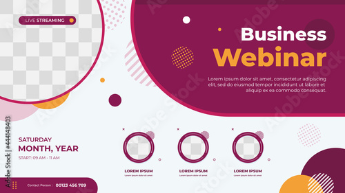Business webinar banner template for website with circle frame for speakers and geometric minimal concept
