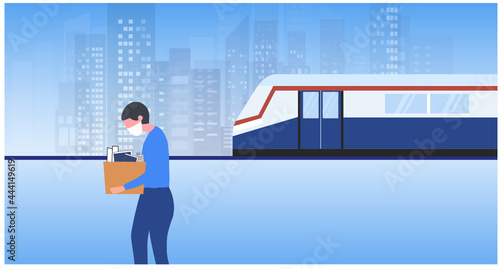 Depressed businessman holding a boxes. They was fired from job. Unemployment, economic crisis, economic downturn, jobless, lay off concept after covid-19 pandemic outbreak vector illustration