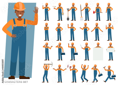 Set of Builder man wear blue jeans working character vector design. Presentation in various action with emotions, running, standing and walking.