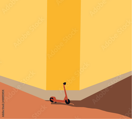 Red electric scooter park in city. Ecological city transport. Vector illustration, flat design. Isolated background.