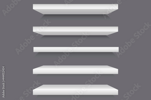 White shelves. White empty room. Interior design. Graphic design. Front view. Stock image. Vector illustration.