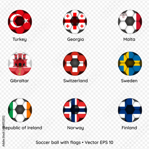 Soccer ball with flags isolated on transparent background, vector illustration
