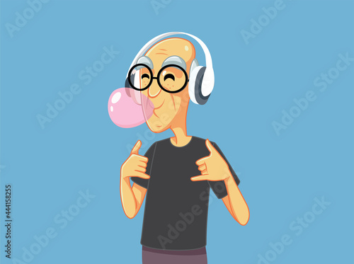 Cool Grandpa Chewing Bubble Gum Listening to Music