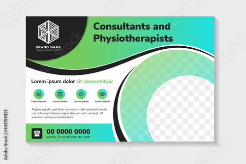 Wave horizontal flyer template design with headline consultants and physiotherapists. horizontal layout with space for photo collage. curve of element use black green gradient and white background.