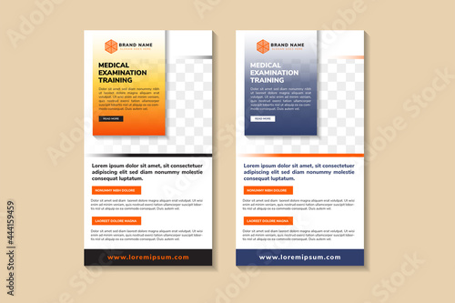Set of Rectangle roll up banner template design with headline medical examination training. vertical layout with space for photo collage. orange, blue and black on element and white background.