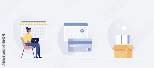 Online shopping process. girl with laptop and shopping payment. vector illustration