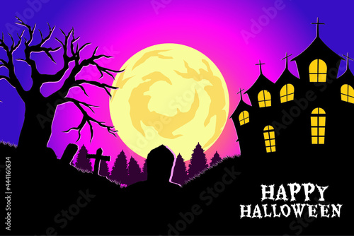 Happy Halloween. haunted house, tree, cemetery, scarecrow, bat, spider web, pumpkin vector illustration 