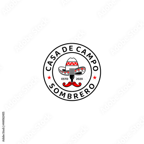 Mexican Cuisine Icon for Restaurant or Traditional Food Cafe, Symbol of Sombrero Hat, Fork and Chili Vector Design