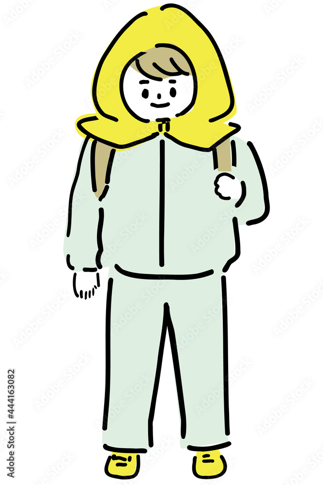 防災頭巾をかぶった防災訓練時の子供のイラストClip art of a child in a disaster drill wearing a disaster hood