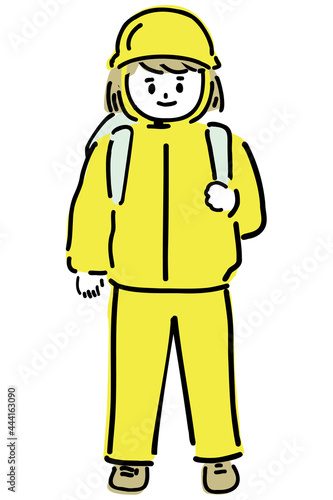 ヘルメットをかぶった、避難する子供Helmeted, evacuating children.