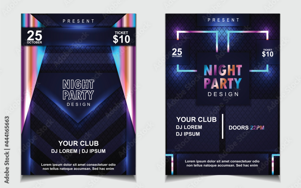 Night dance party music layout cover design template background with colorful dark blue glitters style. Light electro vector for music event concert disco, club invitation, festival poster, flyer - obrazy, fototapety, plakaty 