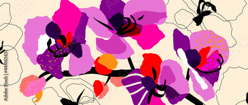 Tropical plants and Jungle background vector. colorful summer pattern design with topical foliage, arts brush and pink color. Modern wallpaper design for prints, poster, cover, cards and  homewares.