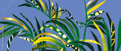 Tropical plants and Gold background vector. colorful summer pattern design with topical foliage, arts brush and pink color. Modern wallpaper design for prints, poster, cover, cards and  homewares.
