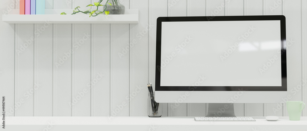 Workspace with computer, stationery, and decorations on the desk in white plank wall room, 3D render Workspace with computer, stationery, and decorations on the desk in white plank wall room, 3D render
