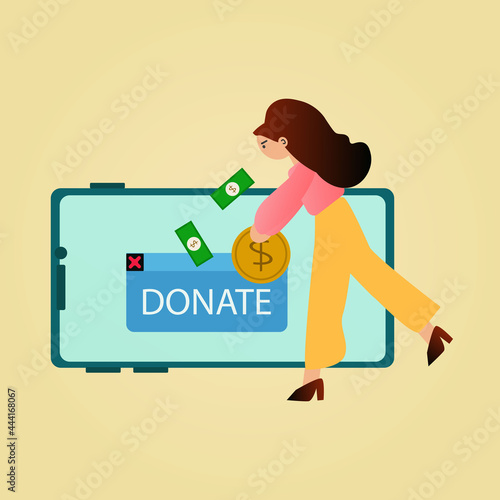 Woman donating via smartphone. Vector investment or business or finance concept