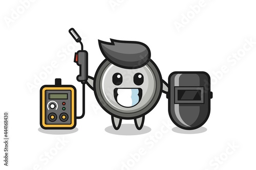 Character mascot of button cell as a welder