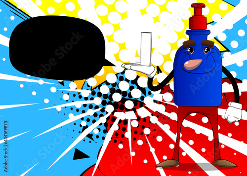 Cartoon bottle of hand sanitizer gel for hygiene with face holding white tall box.