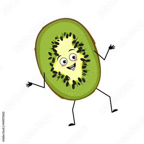 Cute kiwi character with joyful emotions, smile face, happy eyes, arms and legs. The sweet tropical exotic funny fruit, lucky sweet food, dessert