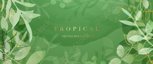 Abstract art gold tropical leaves background vector. Luxury wallpaper with watercolor, tropical leaf framed, palm leaf, flower,Vivid foliage, exotic green and gold brush glitter.